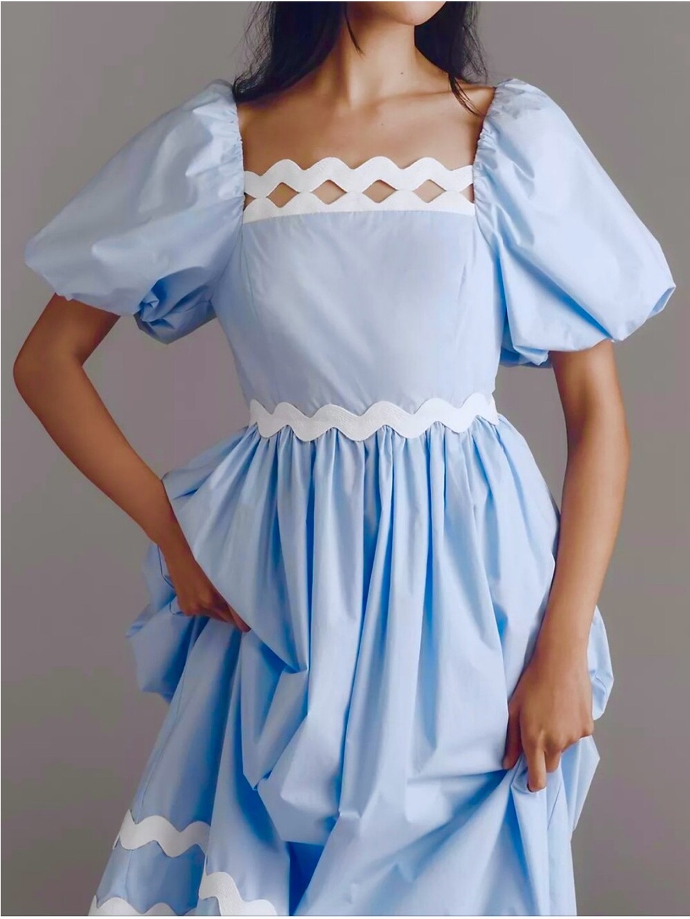 NWT English factory blue and white puff sleeve ricrac maxi dress - Picture 3 of 12